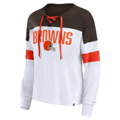 Cleveland Browns Women's Plus Size Even Match Lace-Up Long Sleeve V-Neck Top White/Brown | Fanatics
