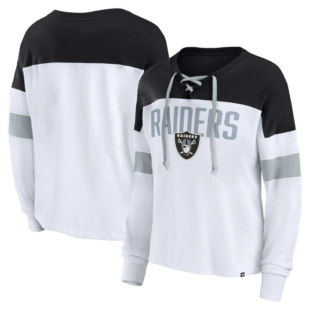 Las Vegas Raiders Women's Plus Size Even Match Lace-Up Long Sleeve V-Neck Top White/Black | Fanatics
