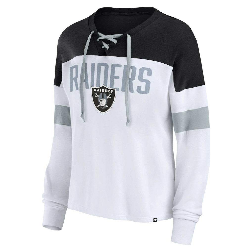 Las Vegas Raiders Women's Plus Size Even Match Lace-Up Long Sleeve V-Neck Top White/Black | Fanatics