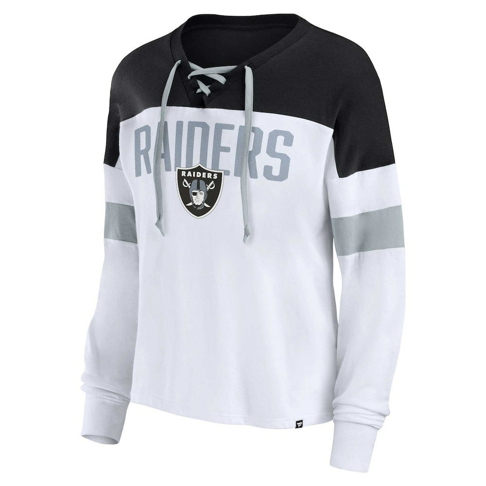 Las Vegas Raiders Women's Plus Size Even Match Lace-Up Long Sleeve V-Neck Top White/Black | Fanatics