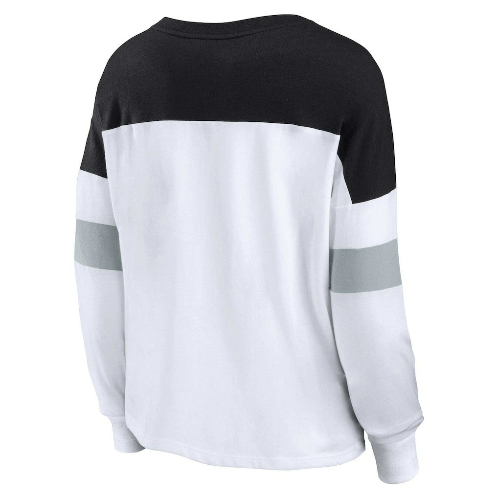 Las Vegas Raiders Women's Plus Size Even Match Lace-Up Long Sleeve V-Neck Top White/Black | Fanatics