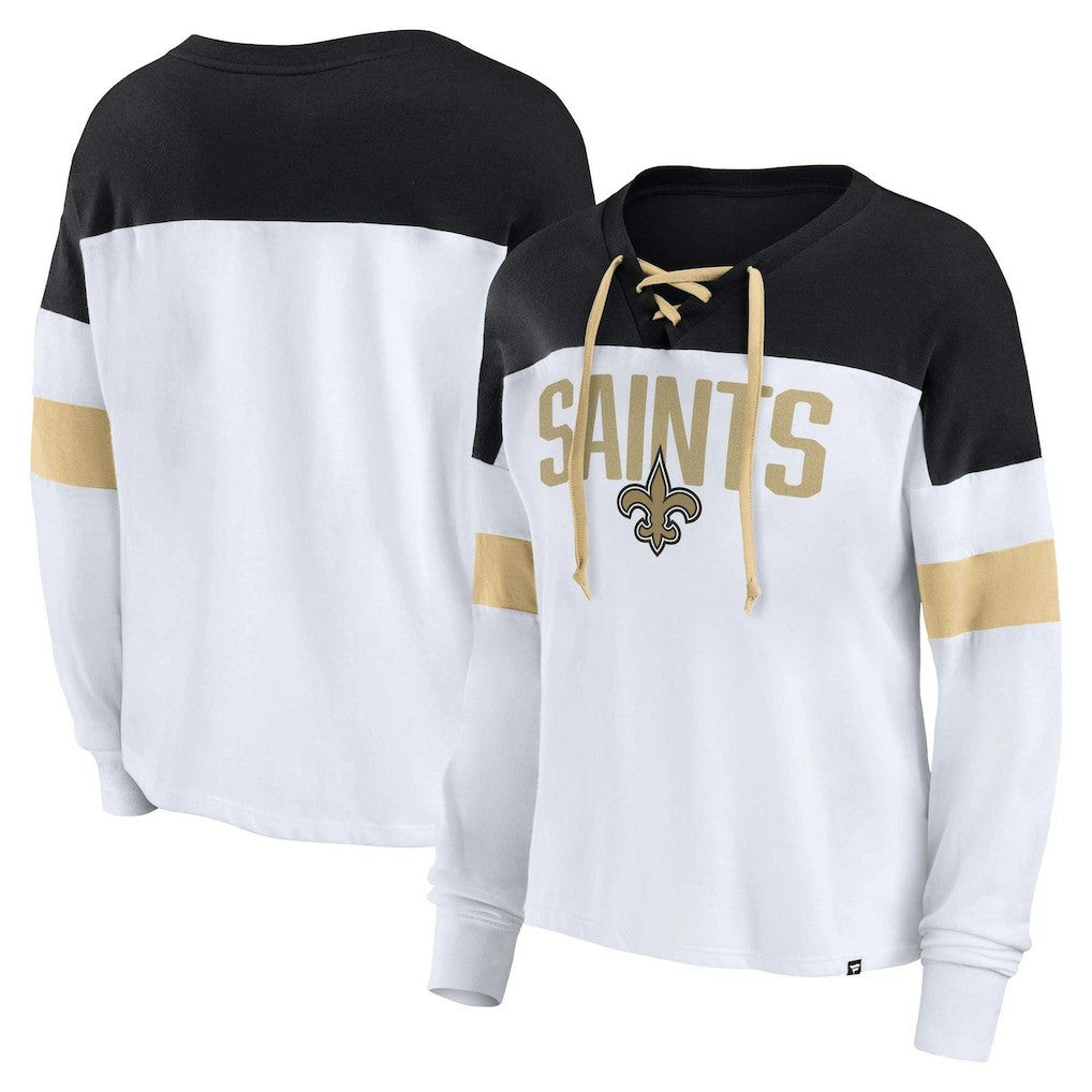 New Orleans Saints Women's Plus Size Even Match Lace-Up Long Sleeve V-Neck Top White/Black | Fanatics