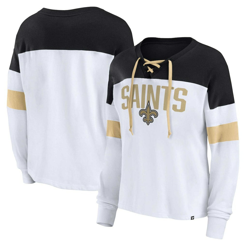 New Orleans Saints Women's Plus Size Even Match Lace-Up Long Sleeve V-Neck Top White/Black | Fanatics