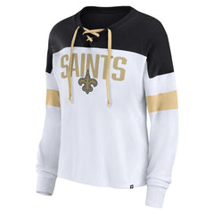 New Orleans Saints Women's Plus Size Even Match Lace-Up Long Sleeve V-Neck Top White/Black | Fanatics