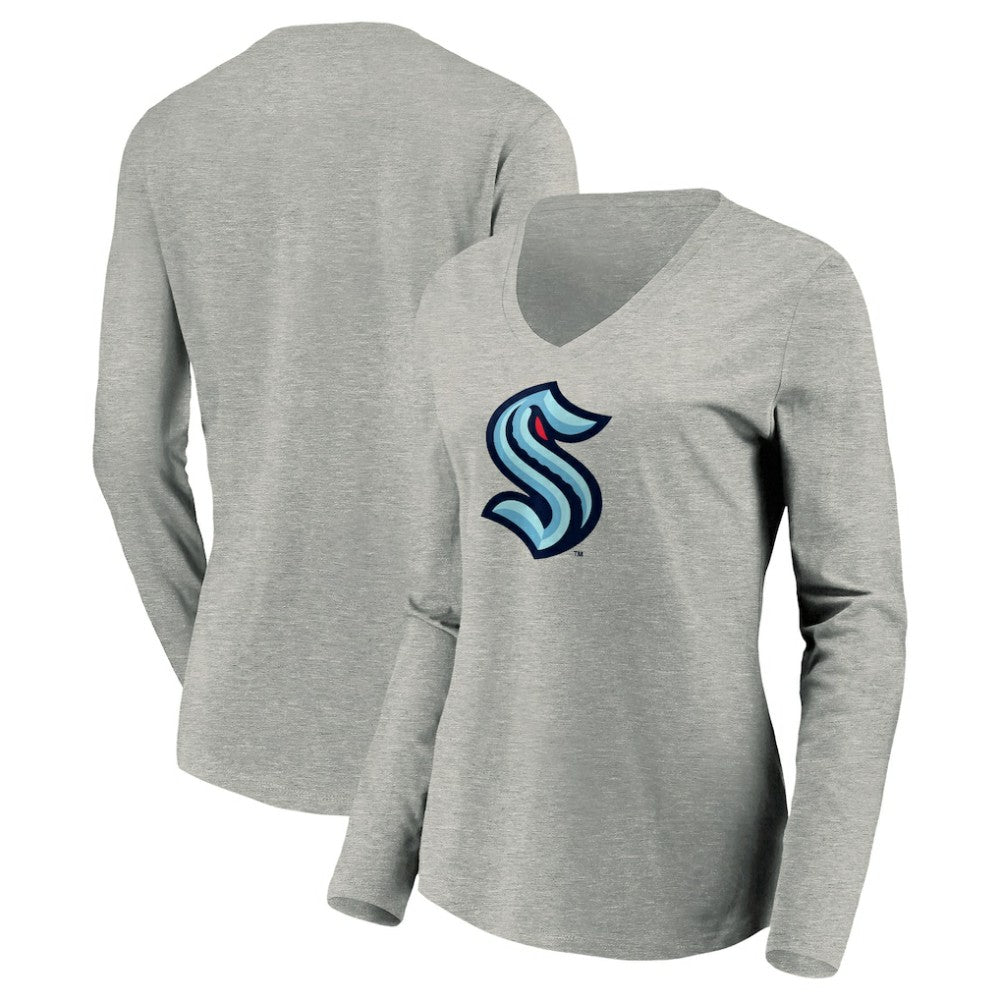 Seattle Kraken Women's Primary Logo V-Neck Long Sleeve T-Shirt - Gray - NHL