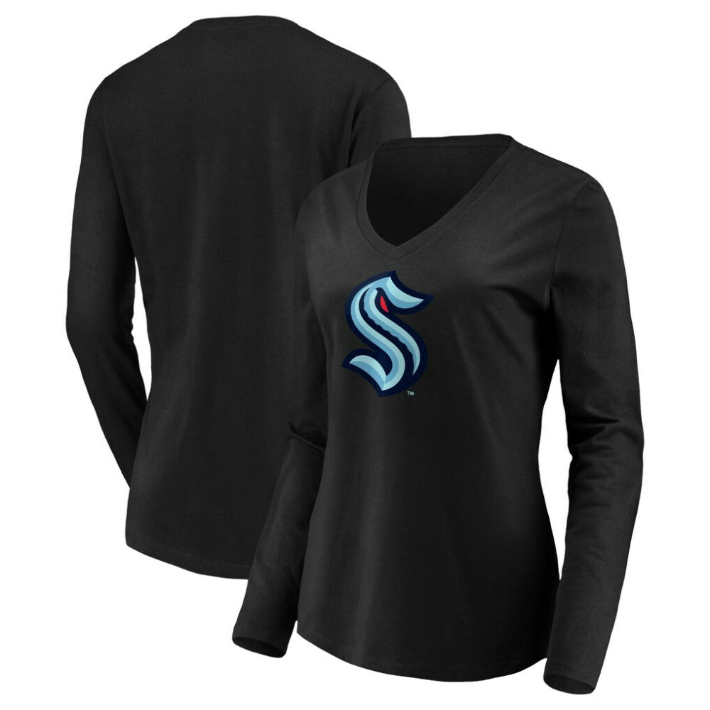 Seattle Kraken Women's Primary Logo V-Neck Long Sleeve T-Shirt - Black - NHL