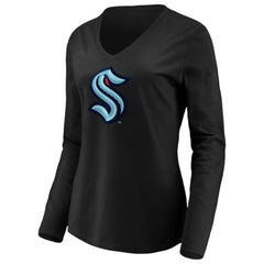 Seattle Kraken Women's Primary Logo V-Neck Long Sleeve T-Shirt - Black - NHL