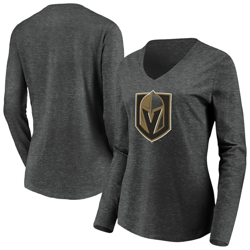 Vegas Golden Knights Women's Primary Logo V-Neck Long Sleeve T-Shirt - Charcoal - NHL