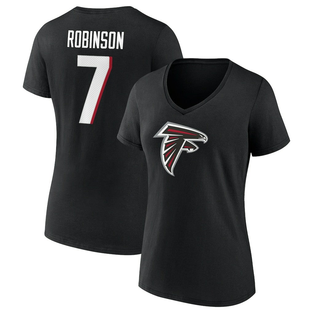 Bijan Robinson Atlanta Falcons Women's Icon Name & Number V-Neck T-Shirt Black | Fanatics