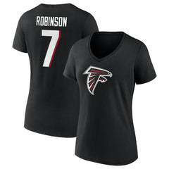 Bijan Robinson Atlanta Falcons Women's Icon Name & Number V-Neck T-Shirt Black | Fanatics