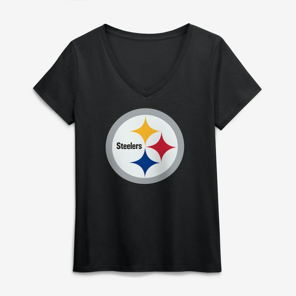 Pittsburgh Steelers Logo Athletic Women's Primary Logo V-Neck T-Shirt Black | NFL