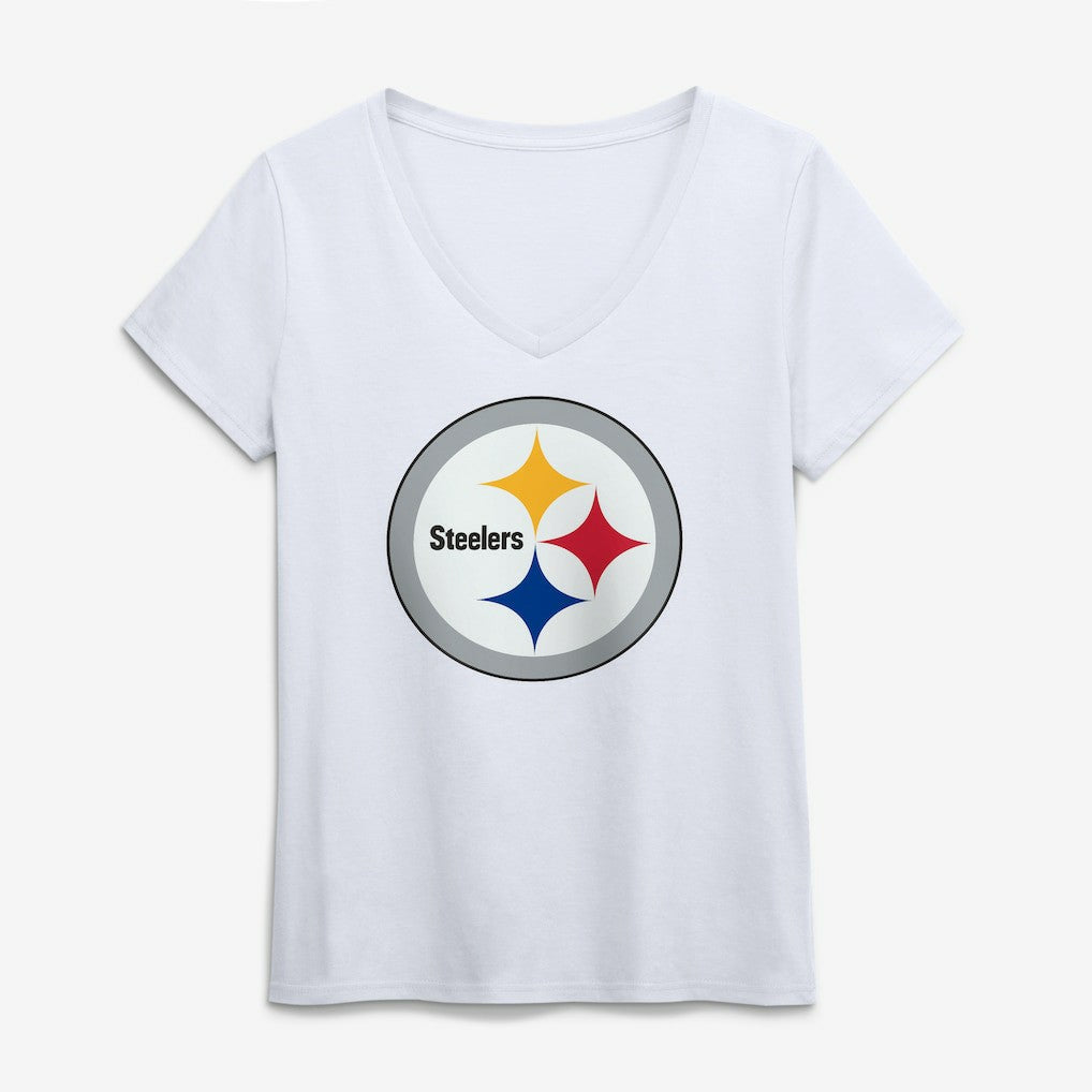 Pittsburgh Steelers Logo Athletic Women's Primary Logo V-Neck T-Shirt White | NFL