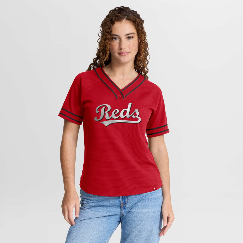 Cincinnati Reds Fanatics Women's Diva Race Ahead Raglan V-Neck T-Shirt - MLB