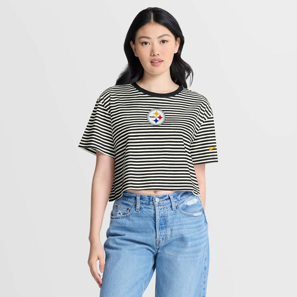 Pittsburgh Steelers Women's Striped Cropped T-Shirt Black/Cream | Nike for Sale