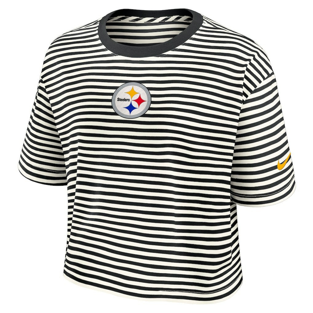 Pittsburgh Steelers Women's Striped Cropped T-Shirt Black/Cream | Nike for Sale