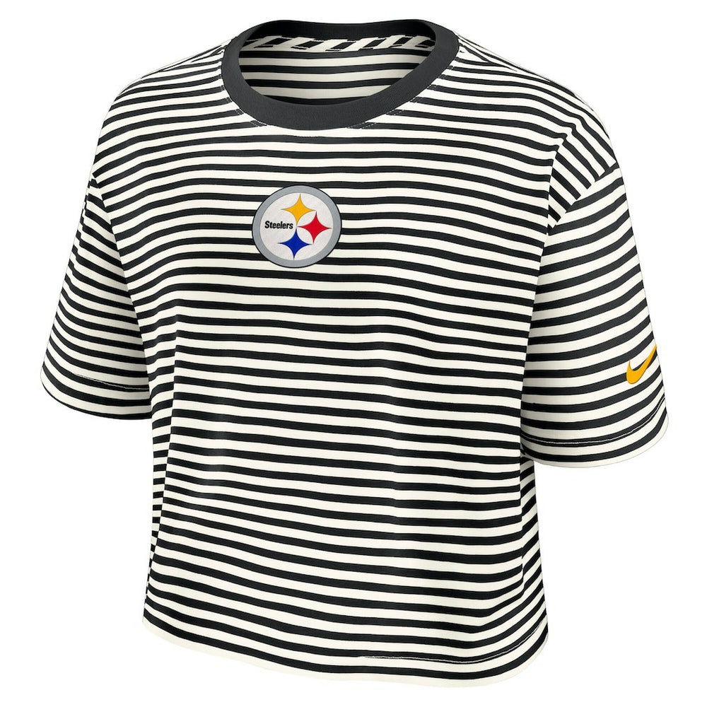 Pittsburgh Steelers Women's Striped Cropped T-Shirt Black/Cream | Nike for Sale