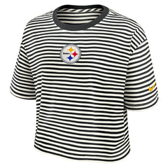 Pittsburgh Steelers Women's Striped Cropped T-Shirt Black/Cream | Nike for Sale