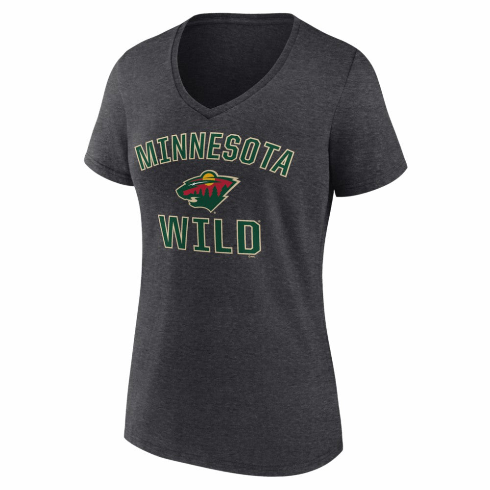 Minnesota Wild Logo Athletic Women's Arch Victory V-Neck T-Shirt - Heather Charcoal - NHL