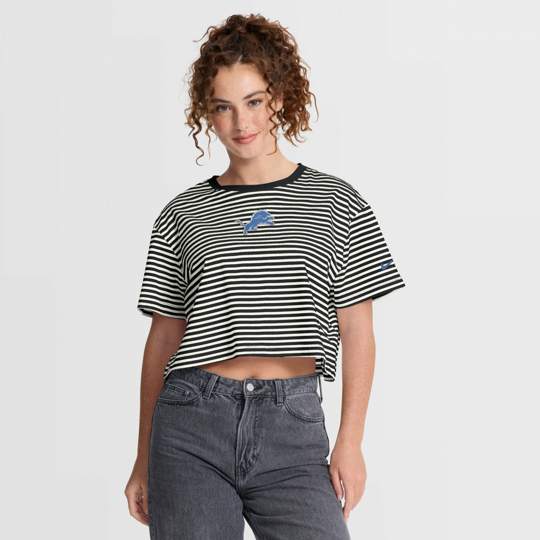 Detroit Lions Women's Striped Cropped T-Shirt Black/Cream | Nike for Sale