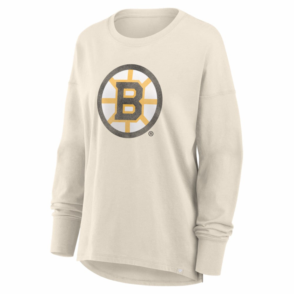 Boston Bruins Fanatics Women's Distressed Logo Long Sleeve T-Shirt - Cream - NHL