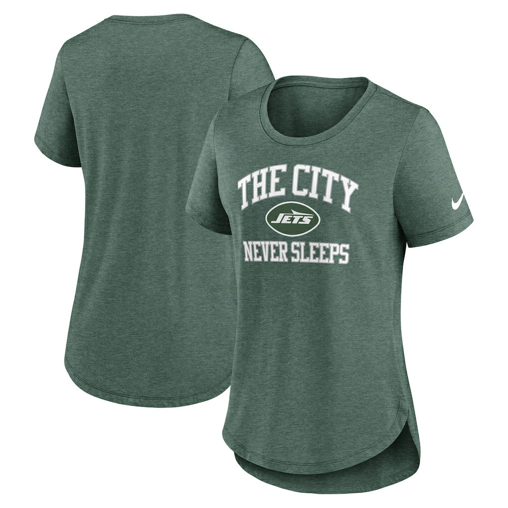 New York Jets Women's The City Never Sleeps Tri-Blend T-Shirt Heather Green | Nike for Sale