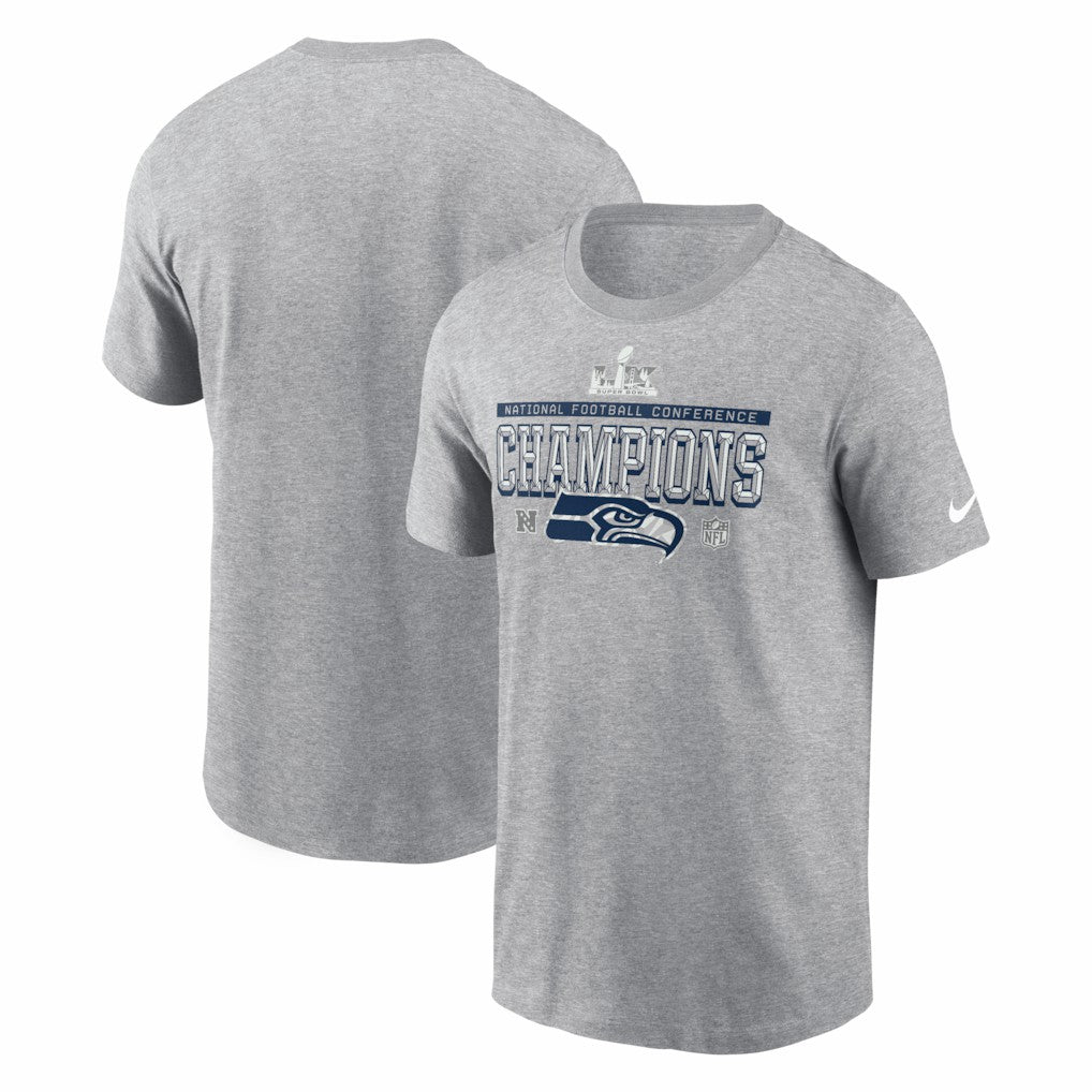 Seattle Seahawks 2025 NFC Champions Locker Room Trophy Collection Tall T-Shirt Heather Gray | Nike for Sale