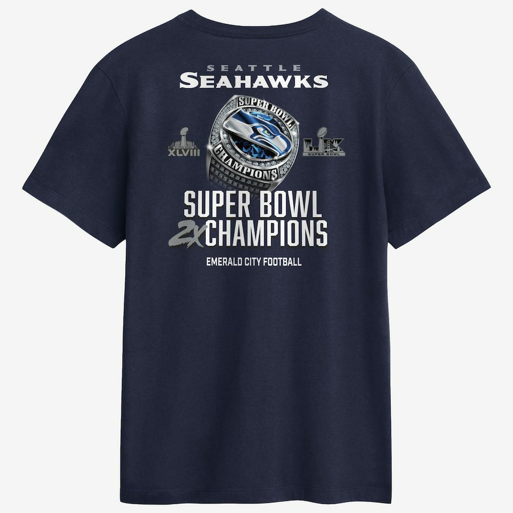 Seattle Seahawks Two-Time Super Bowl Champions Downtown Ring Club T-Shirt College Navy | Nike for Sale