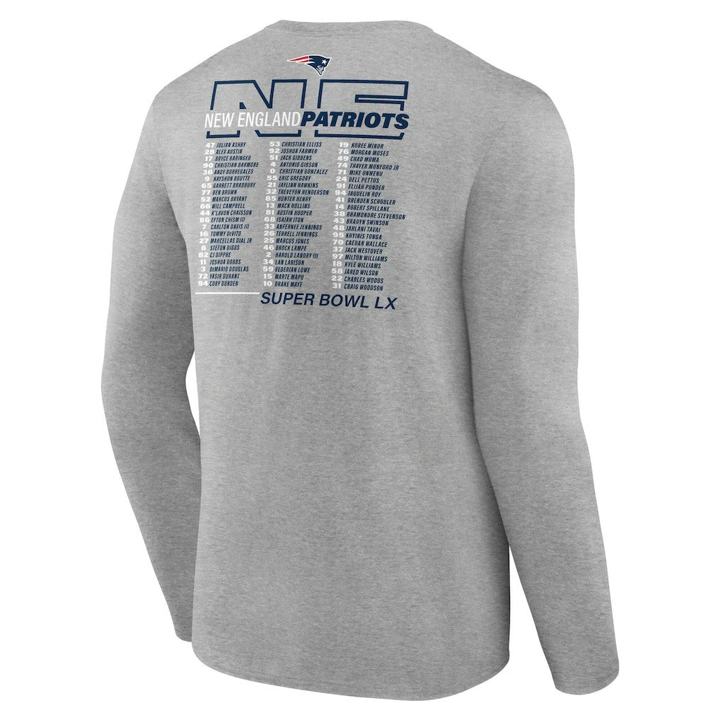 New England Patriots Super Bowl LX Roster Long Sleeve T-Shirt Heather Gray | Fanatics