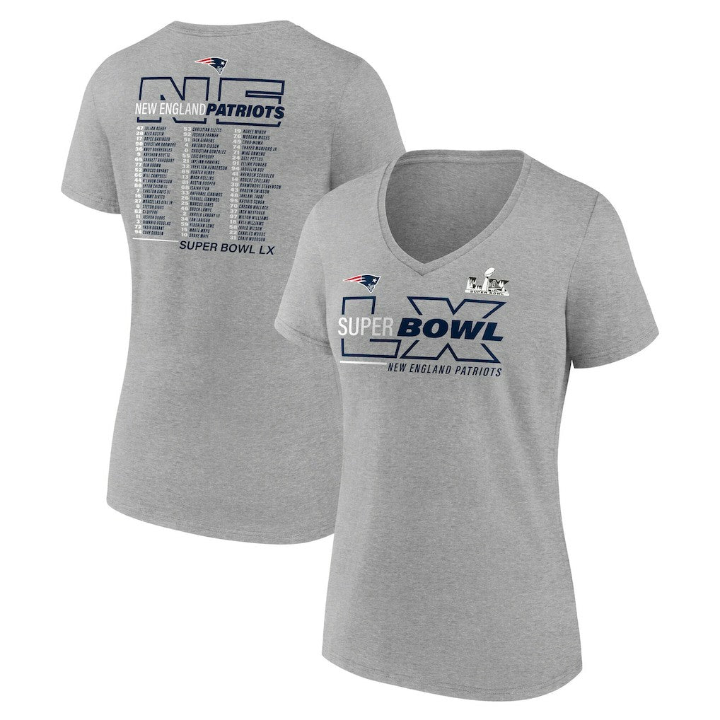 New England Patriots Women's Super Bowl LX Roster V-Neck T-Shirt Heather Gray | Fanatics