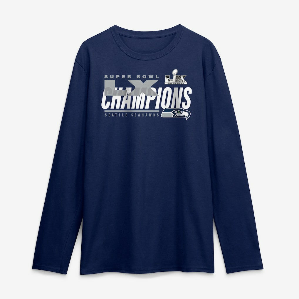 Seattle Seahawks Super Bowl LX Champions Iconic Victory Long Sleeve T-Shirt College Navy | Fanatics