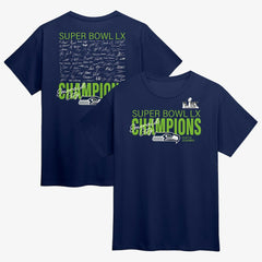 Seattle Seahawks Super Bowl LX Champions Autograph Signing Roster T-Shirt College Navy | Fanatics