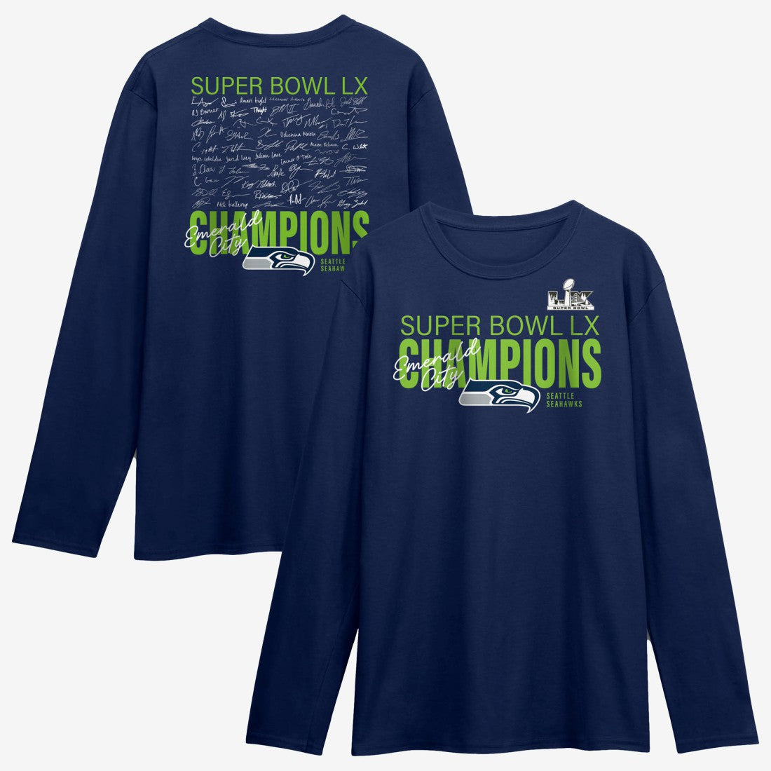 Seattle Seahawks Super Bowl LX Champions Autograph Signing Long Sleeve Roster T-Shirt College Navy | Fanatics