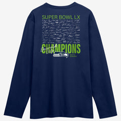 Seattle Seahawks Super Bowl LX Champions Autograph Signing Long Sleeve Roster T-Shirt College Navy | Fanatics