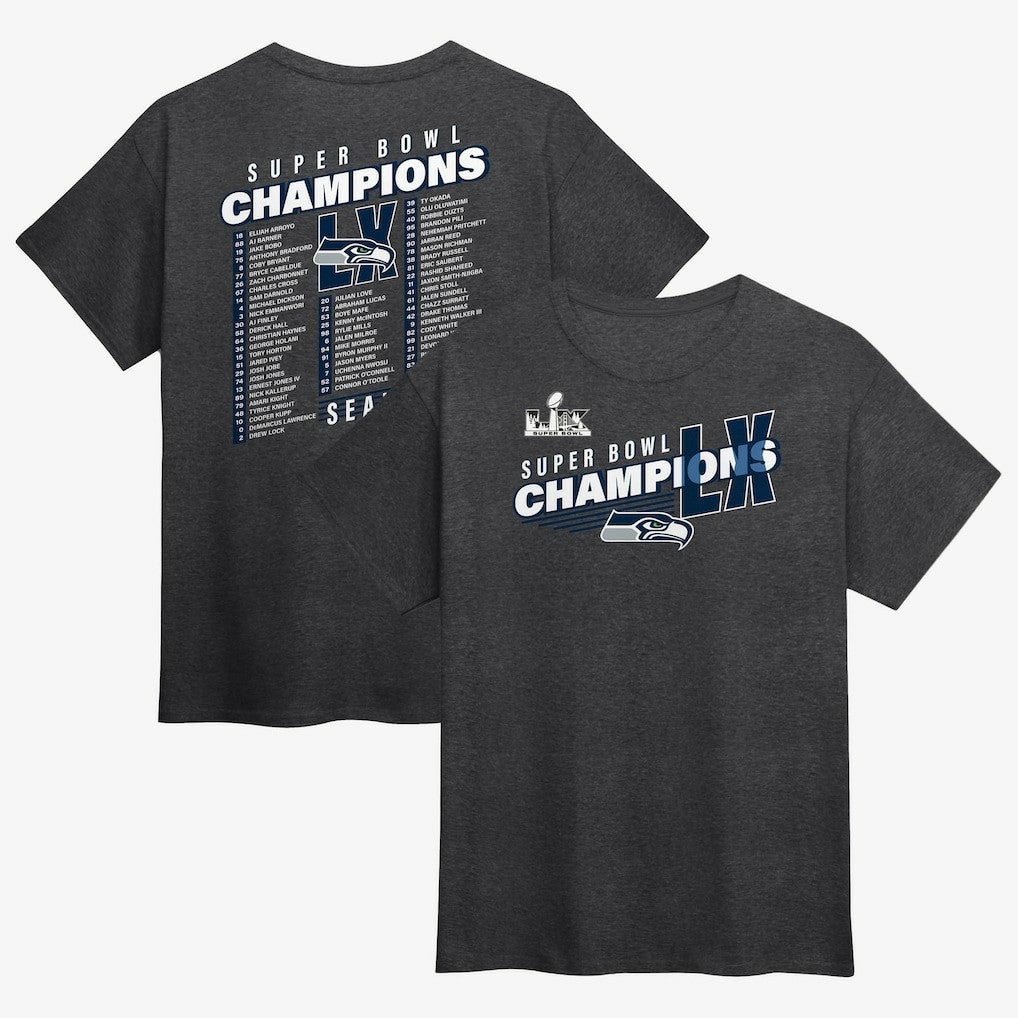 Seattle Seahawks Super Bowl LX Champions Best Teammates Roster T-Shirt Heather Charcoal | Fanatics