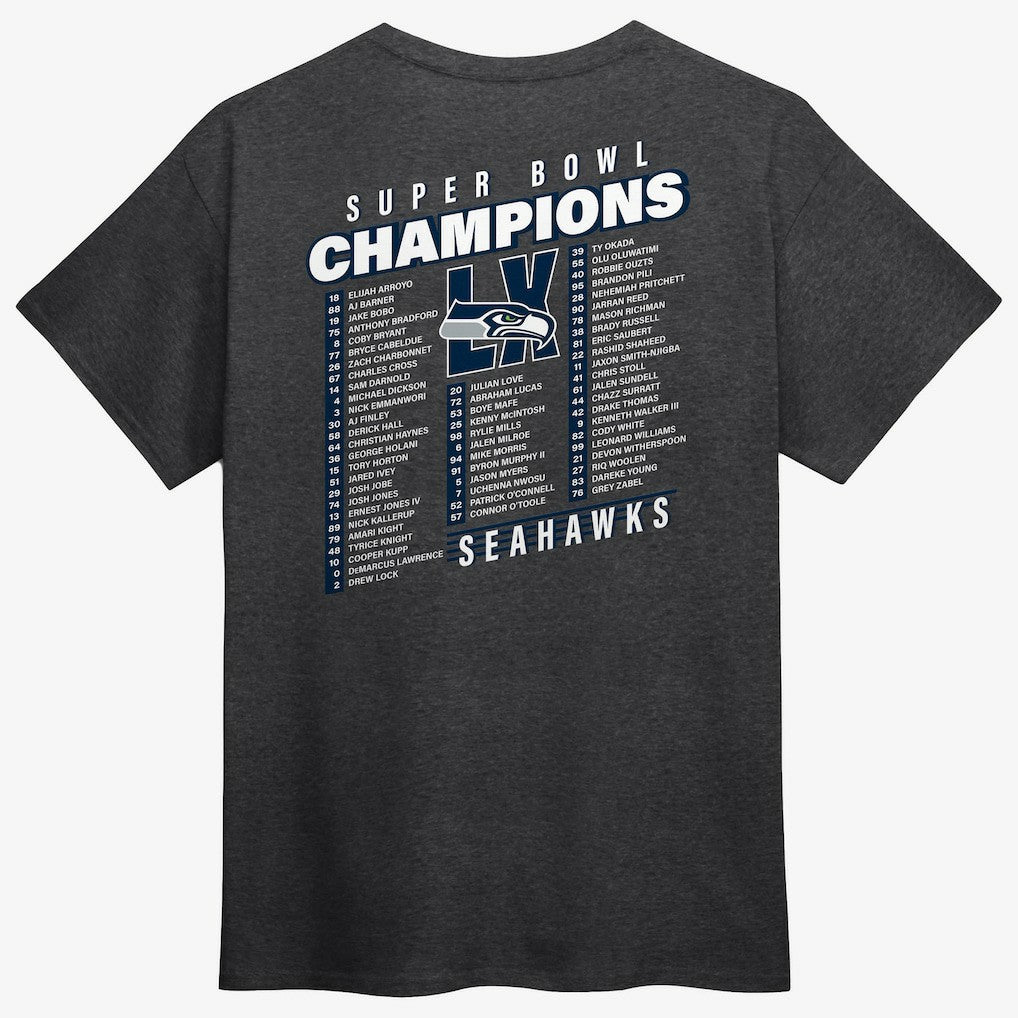 Seattle Seahawks Super Bowl LX Champions Best Teammates Roster T-Shirt Heather Charcoal | Fanatics