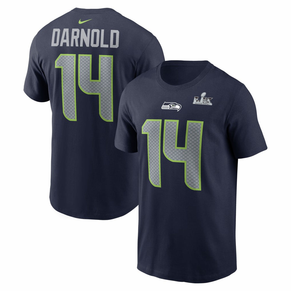 Sam Darnold Seattle Seahawks Super Bowl LX Patch Name & Number T-Shirt College Navy | Nike for Sale