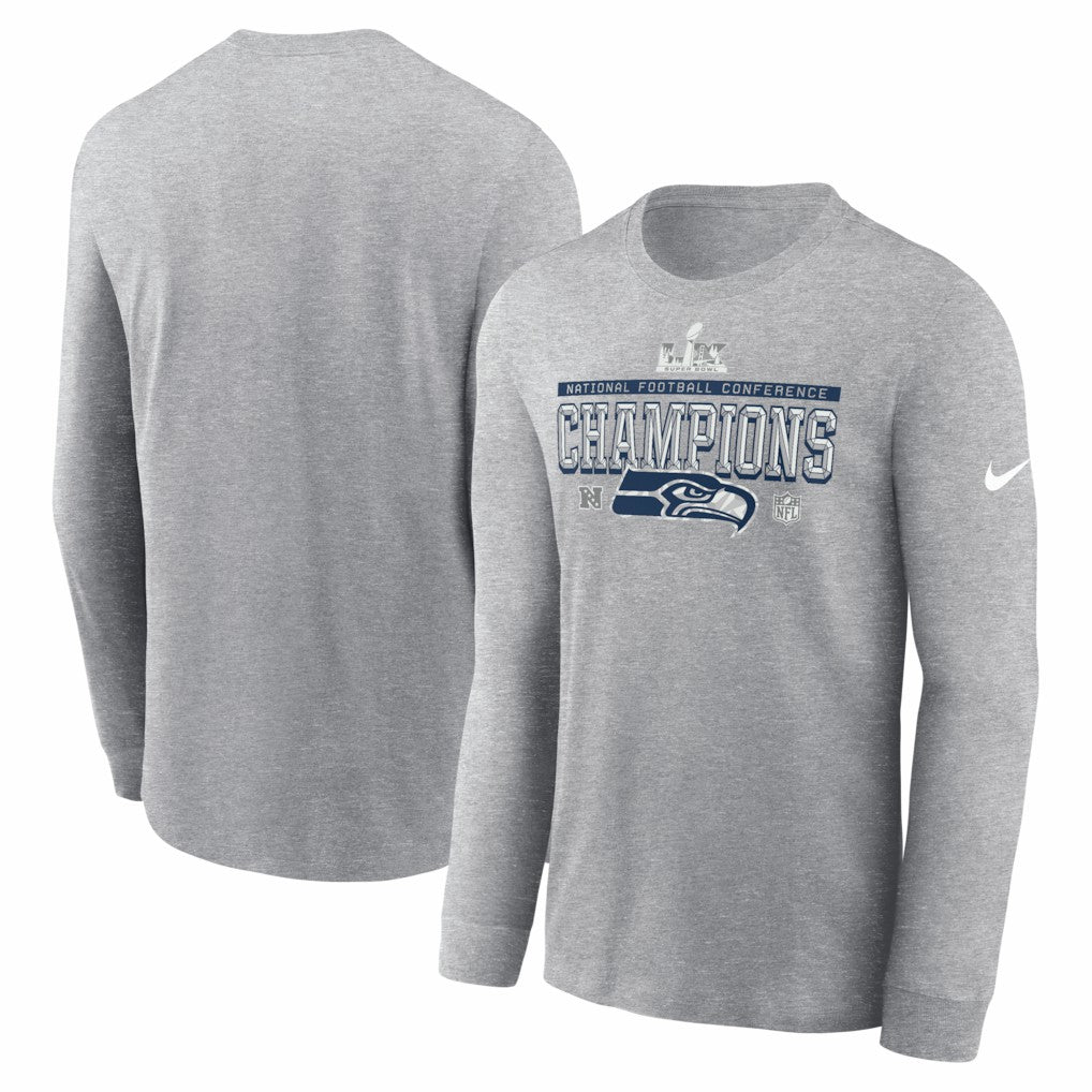 Seattle Seahawks 2025 NFC Champions Locker Room Trophy Collection Long Sleeve T-Shirt Heather Gray | Nike for Sale