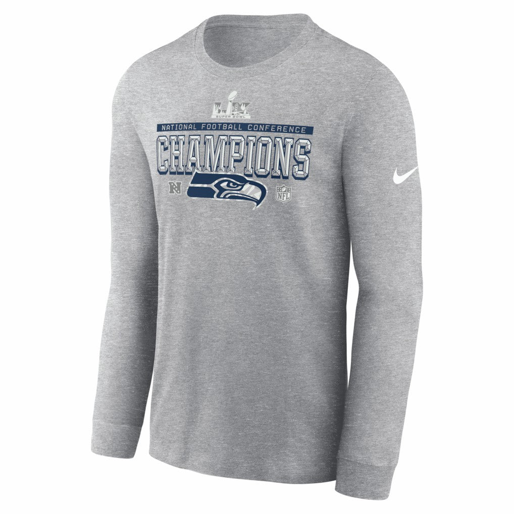 Seattle Seahawks 2025 NFC Champions Locker Room Trophy Collection Long Sleeve T-Shirt Heather Gray | Nike for Sale