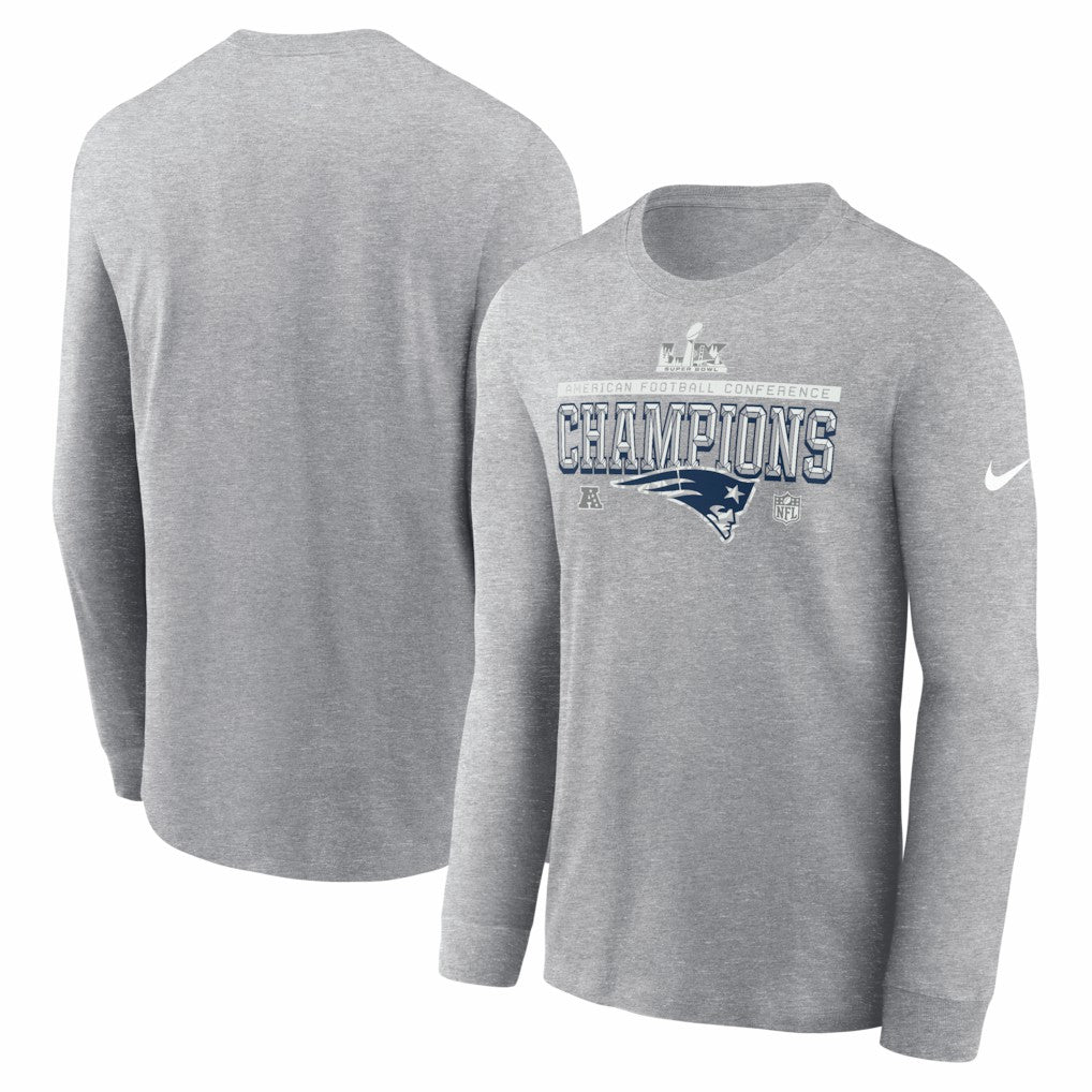 New England Patriots 2025 AFC Champions Locker Room Trophy Collection Long Sleeve T-Shirt Heather Gray | Nike for Sale