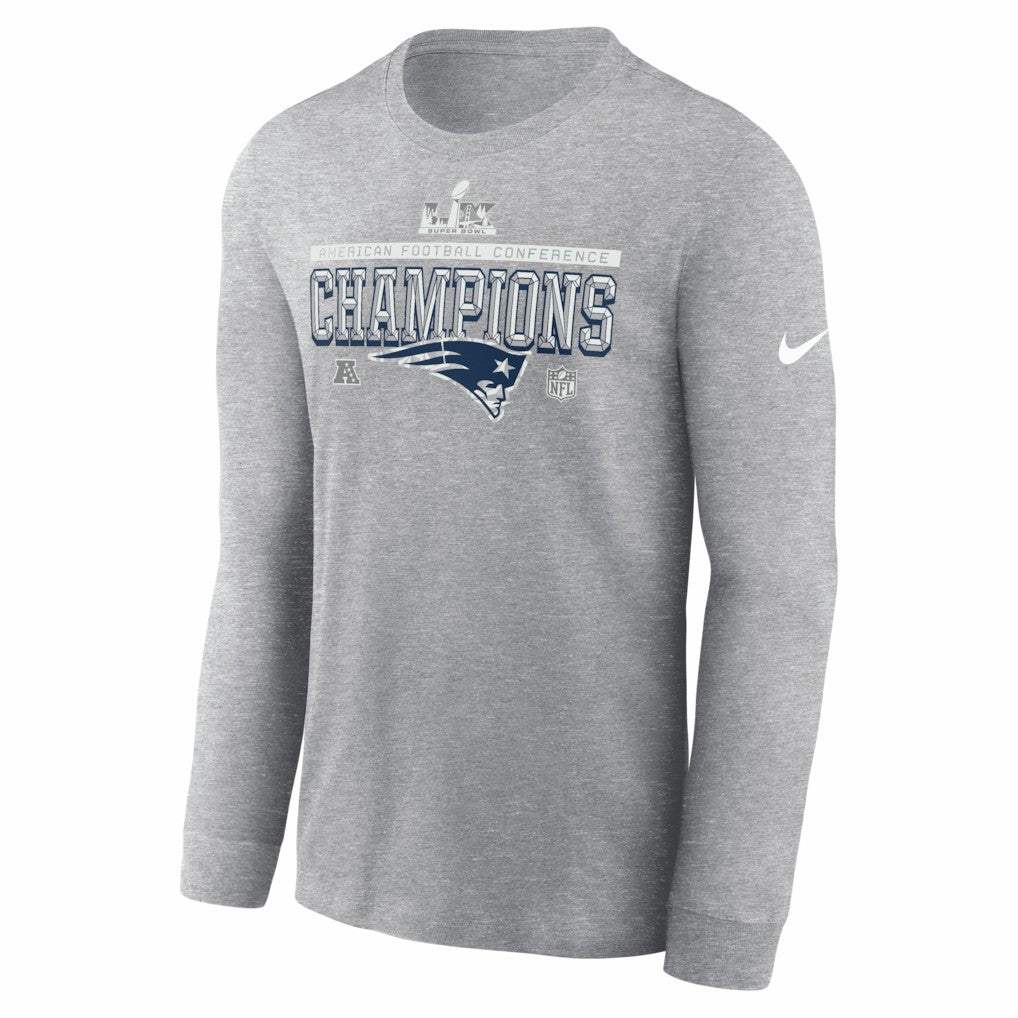 New England Patriots 2025 AFC Champions Locker Room Trophy Collection Long Sleeve T-Shirt Heather Gray | Nike for Sale