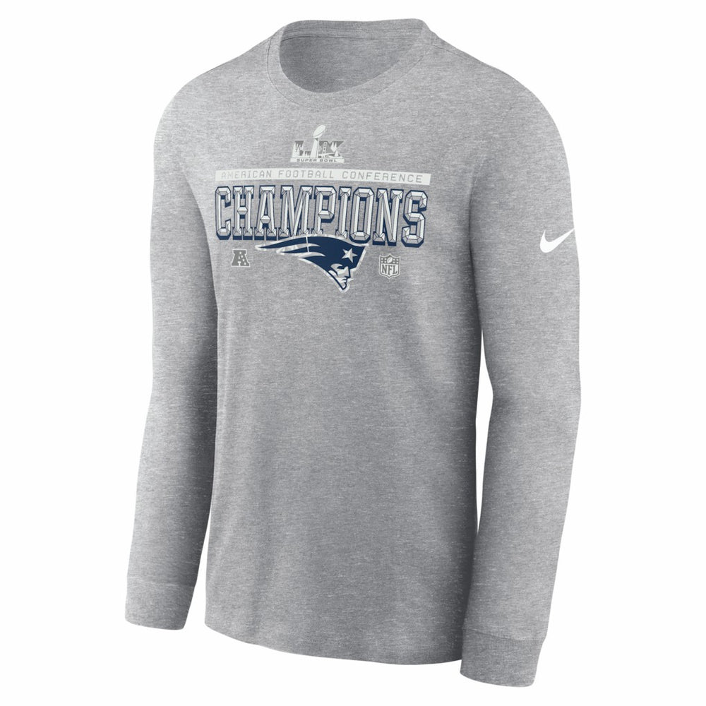 New England Patriots 2025 AFC Champions Locker Room Trophy Collection Long Sleeve T-Shirt Heather Gray | Nike for Sale