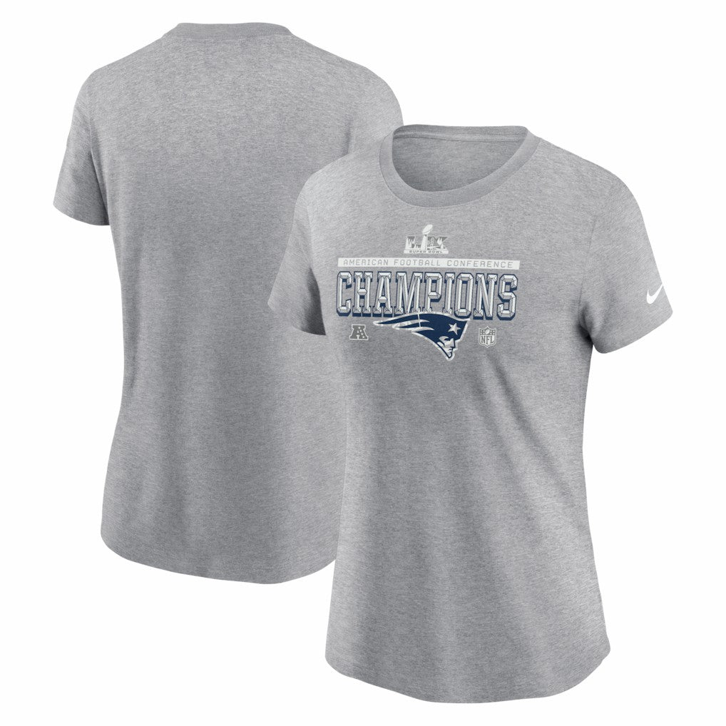 New England Patriots Women's 2025 AFC Champions Locker Room Trophy Collection T-Shirt Heather Gray | Nike for Sale