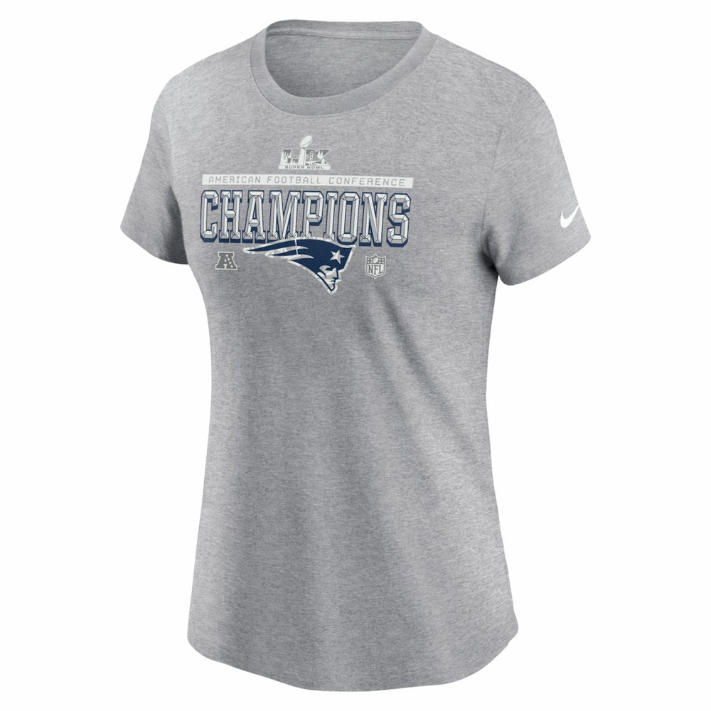 New England Patriots Women's 2025 AFC Champions Locker Room Trophy Collection T-Shirt Heather Gray | Nike for Sale