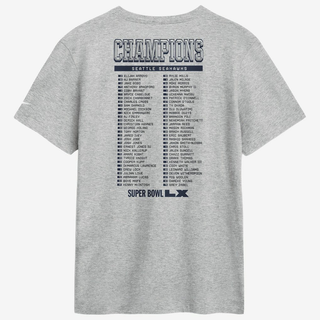 Seattle Seahawks Super Bowl LX Champions Ice Classic Roster T-Shirt Heather Gray | Nike for Sale