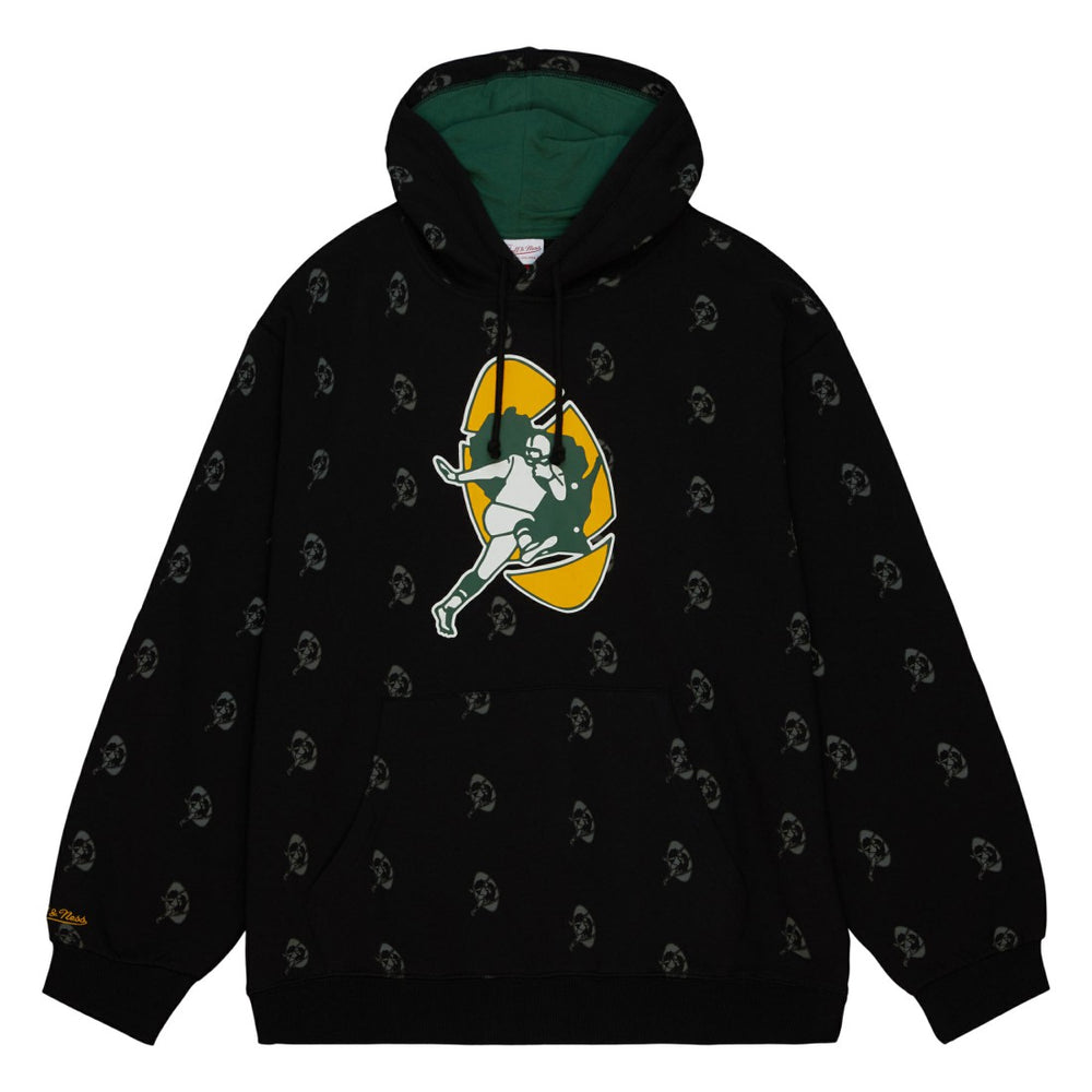 Green Bay Packers Allover Print Fleece Pullover Hoodie Black | Mitchell & Ness