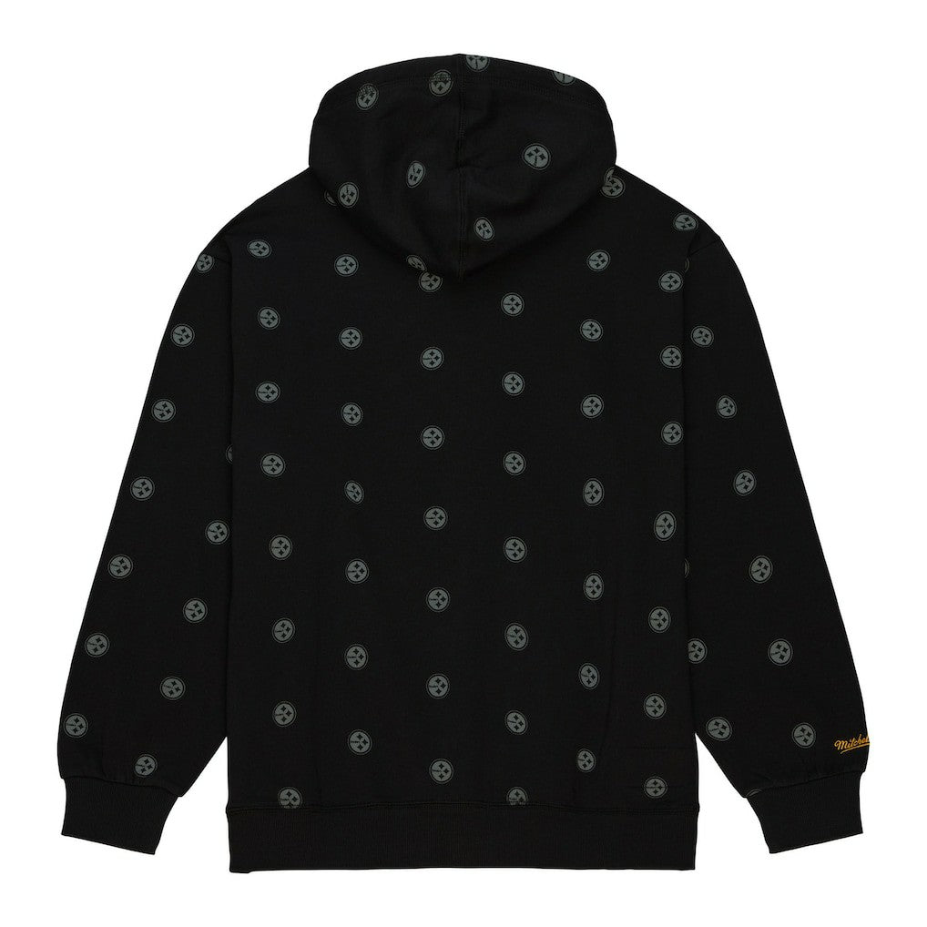 Pittsburgh Steelers Allover Print Fleece Pullover Hoodie Black | Mitchell & Ness