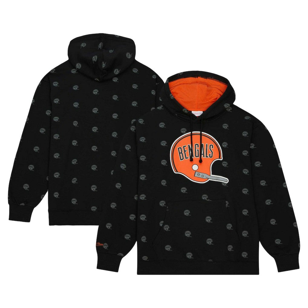 Cincinnati Bengals Allover Print Fleece Pullover Hoodie Black | Mitchell & Ness