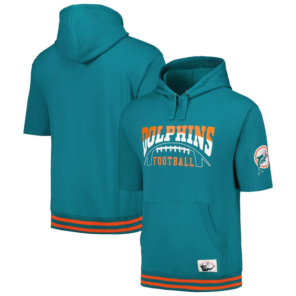 Miami Dolphins Pre-Game Short Sleeve Pullover Hoodie Aqua | Mitchell & Ness
