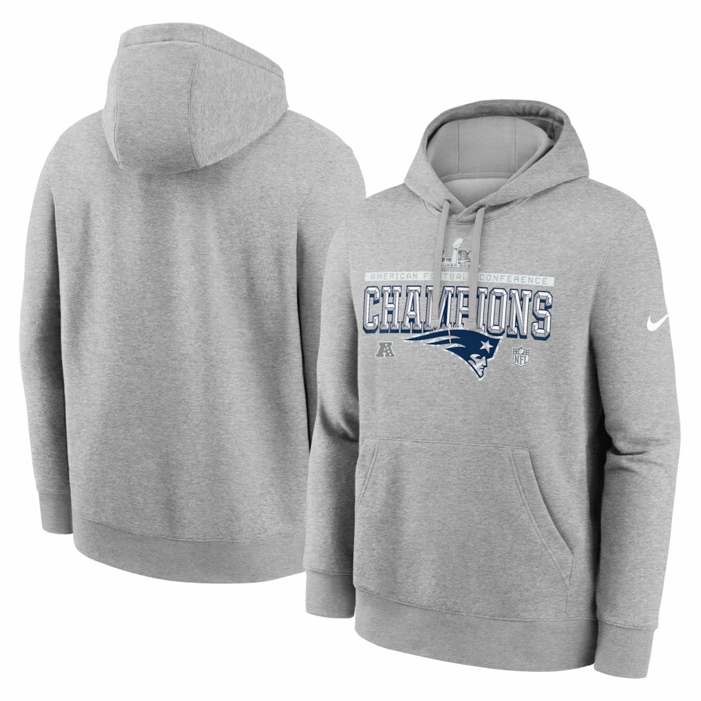 New England Patriots 2025 AFC Champions Locker Room Trophy Collection Hoodie Heather Gray | Nike for Sale