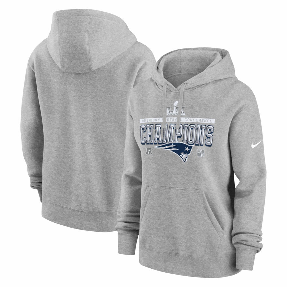 New England Patriots Women's 2025 AFC Champions Locker Room Trophy Collection Club Fleece Hoodie Heather Gray | Nike for Sale